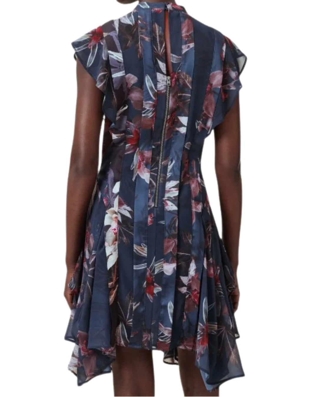 AllSaints Fleur Dress, back view with handkerchief hem detail