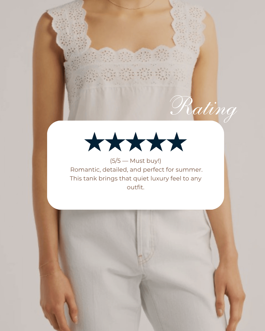 FRAME The Eyelet Tank in White, square neckline and scalloped hem, front view rating card