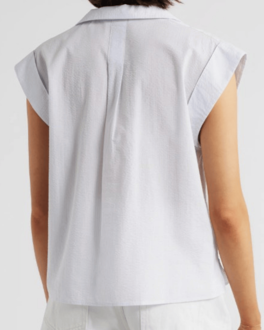 FRAME Leisure Seersucker Cap Sleeve Cotton Shirt, back view showing cap sleeve detail