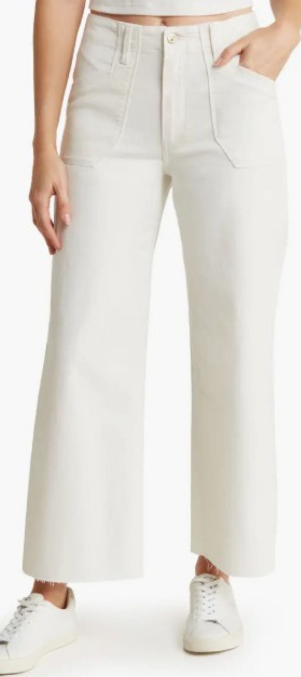 PAIGE Anessa Raw Hem High Waist Crop Wide Leg Utility Jeans in Tonal Ecru, front view
