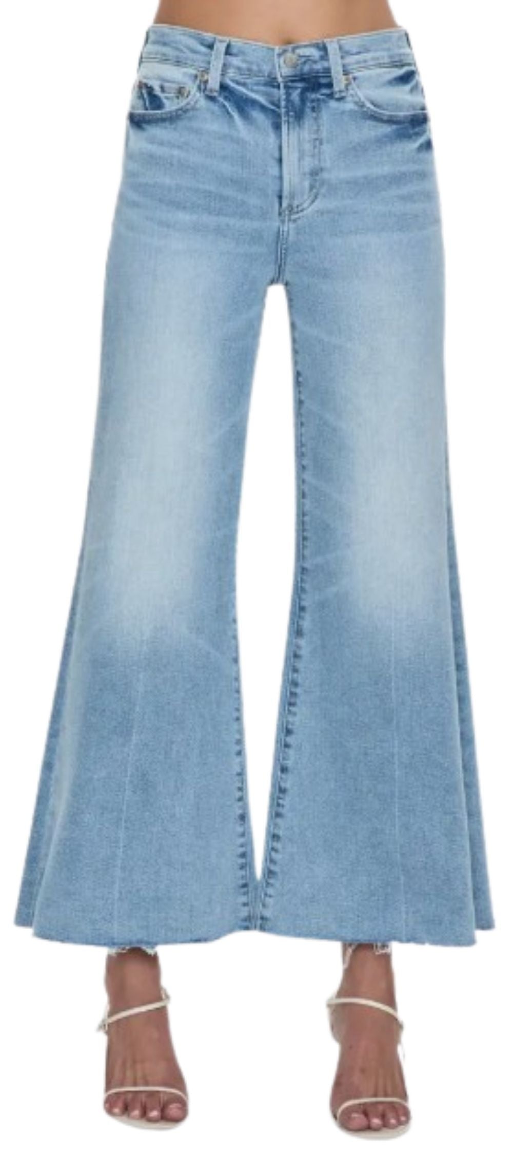 Pistola Izzy High Waist Raw Hem Wide Leg Flare Jeans in Strive wash, front view