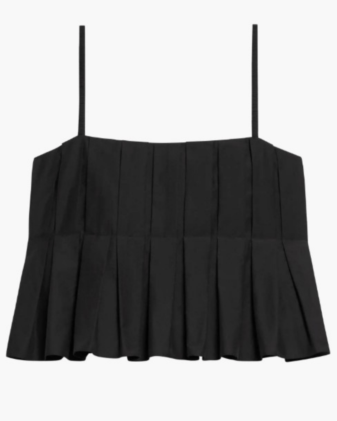 Theory Box Pleat Babydoll Camisole in Black, cropped fit with box pleats, front view