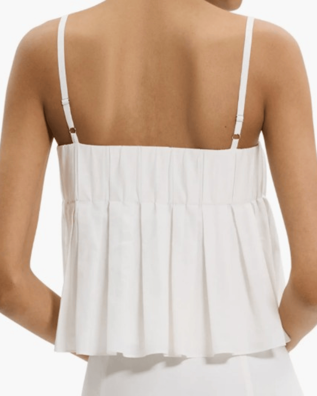 Theory Box Pleat Babydoll Camisole in Black, back view with adjustable straps