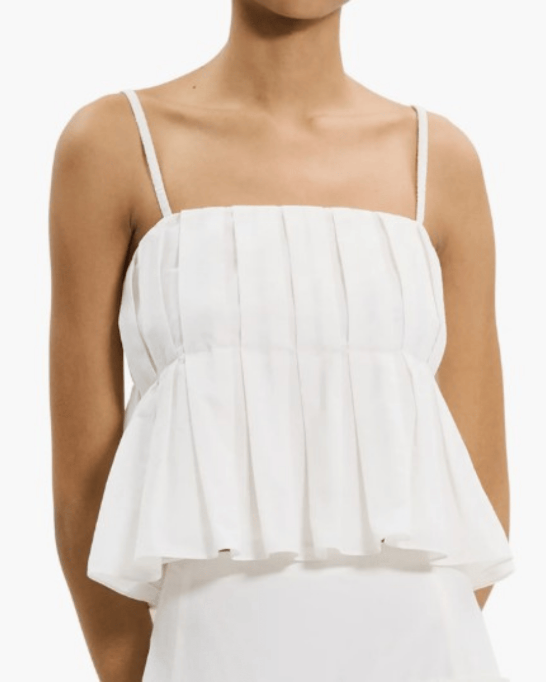 Theory Box Pleat Babydoll Camisole in Black, cropped fit with box pleats, front view