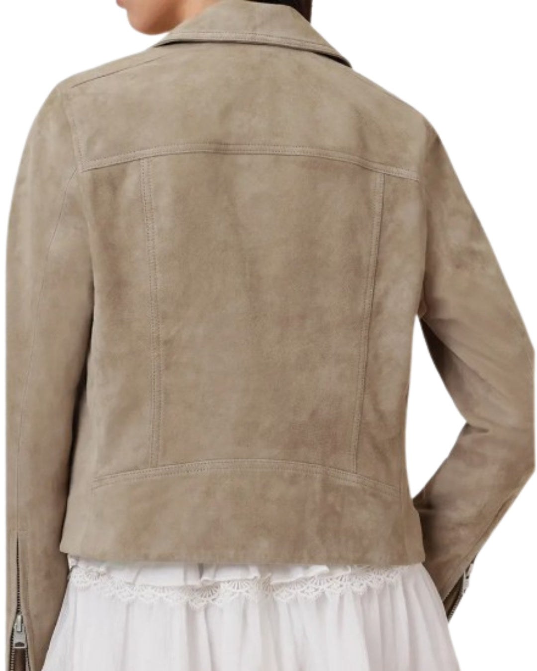 AllSaints Dalby Moto Jacket, back view with fitted suede structure