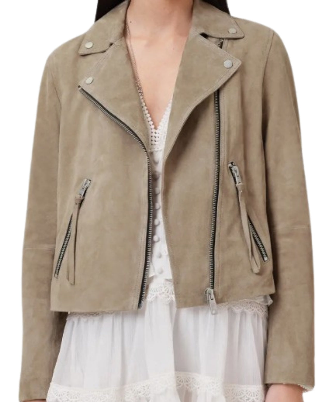 AllSaints Dalby Suede Moto Jacket in Warm Grey, front view