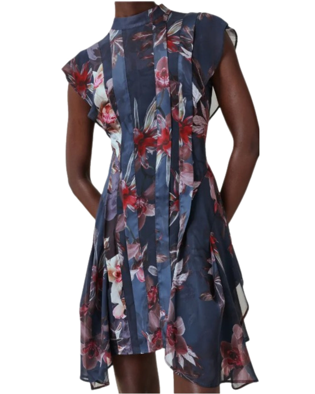 AllSaints Fleur Handkerchief Hem Dress in Navy Floral, front view