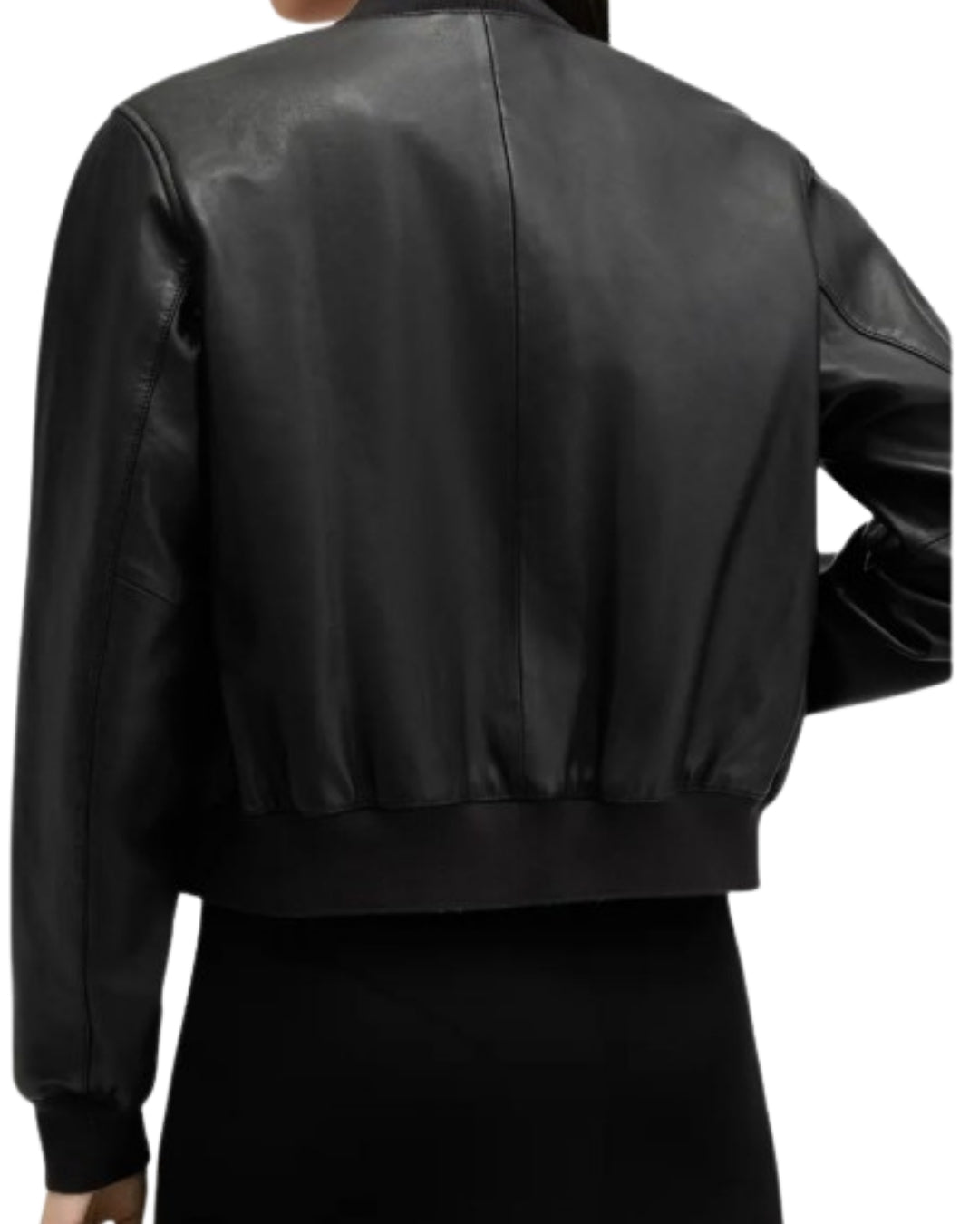 AllSaints Orten Leather Bomber Jacket, back view with smooth leather finish
