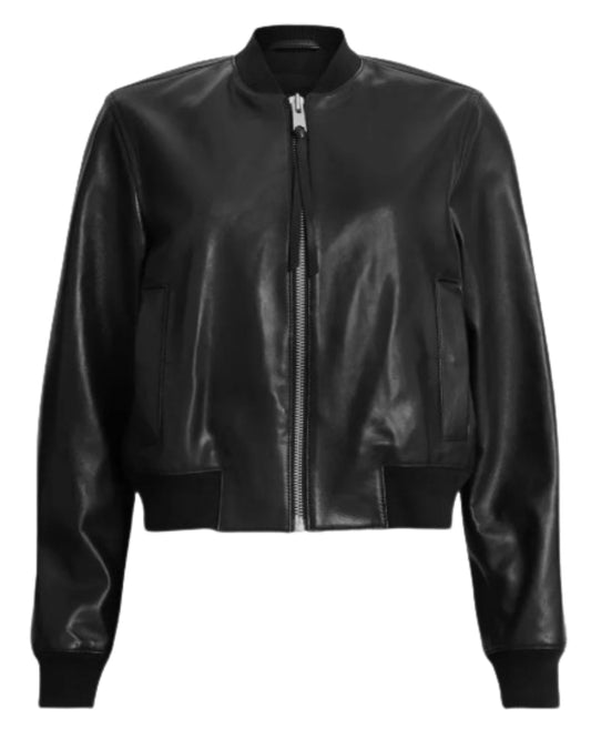 AllSaints Orten Leather Bomber Jacket in Black, front view