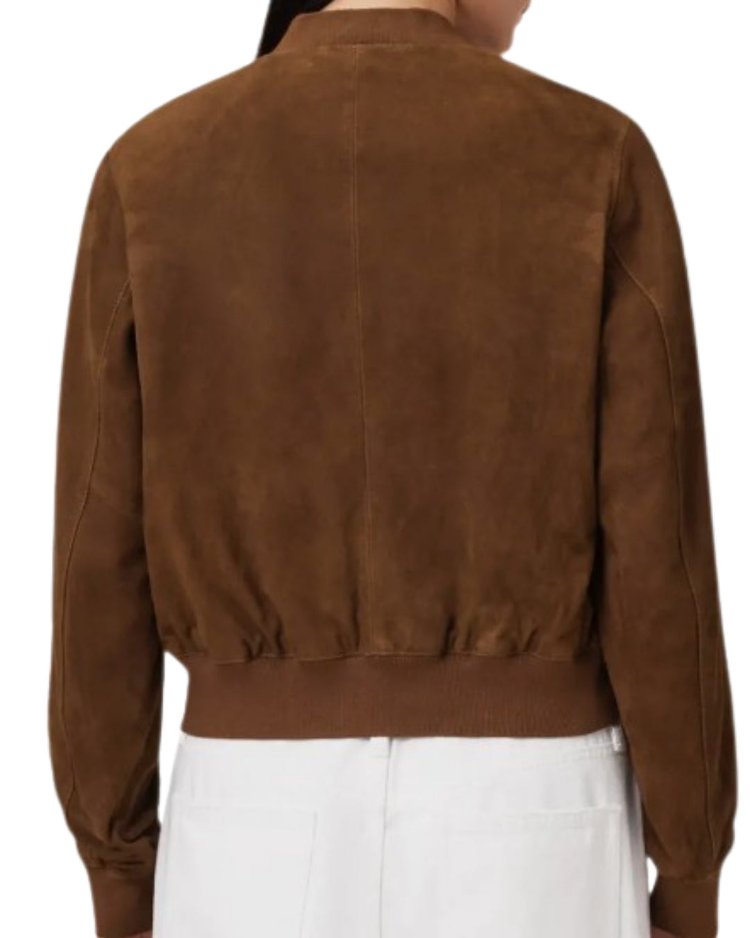 AllSaints Orten Suede Bomber Jacket, back view with ribbed hem and collar