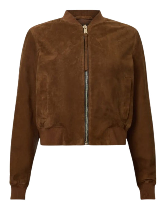 AllSaints Orten Suede Bomber Jacket in Cognac Brown, front view