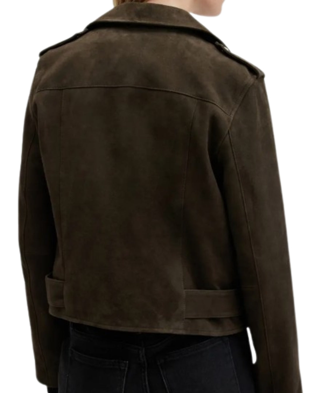 AllSaints Suede Moto Jacket, back view with clean lines and subtle tailoring