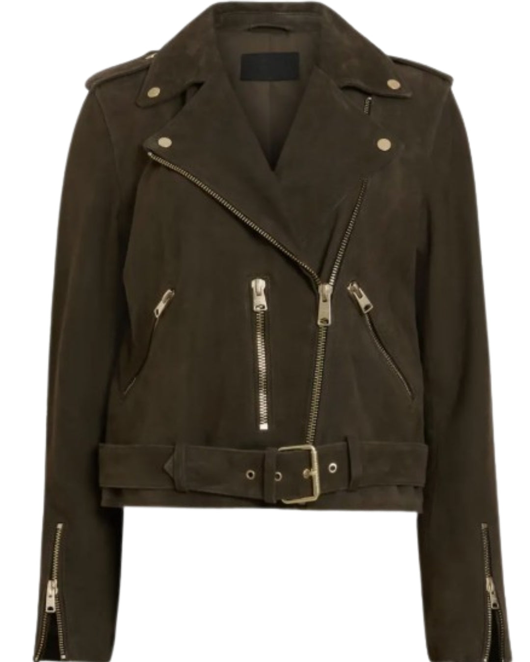 AllSaints Suede Moto Jacket in Tarmac Green, front view