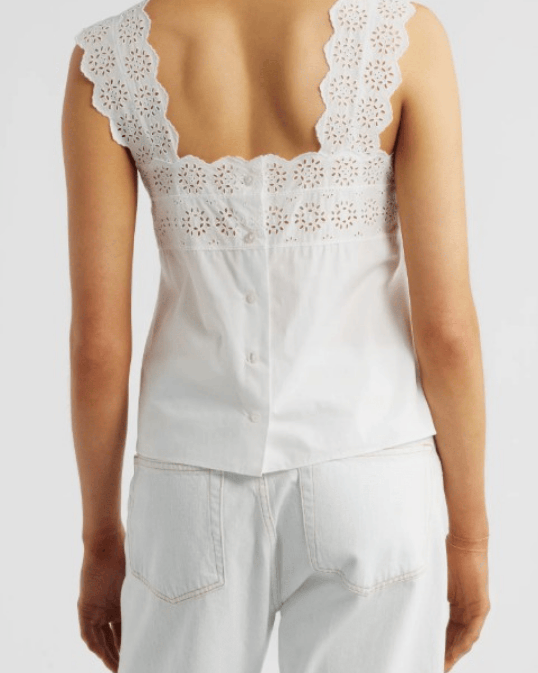 FRAME The Eyelet Tank in White, back view with eyelet embroidery details