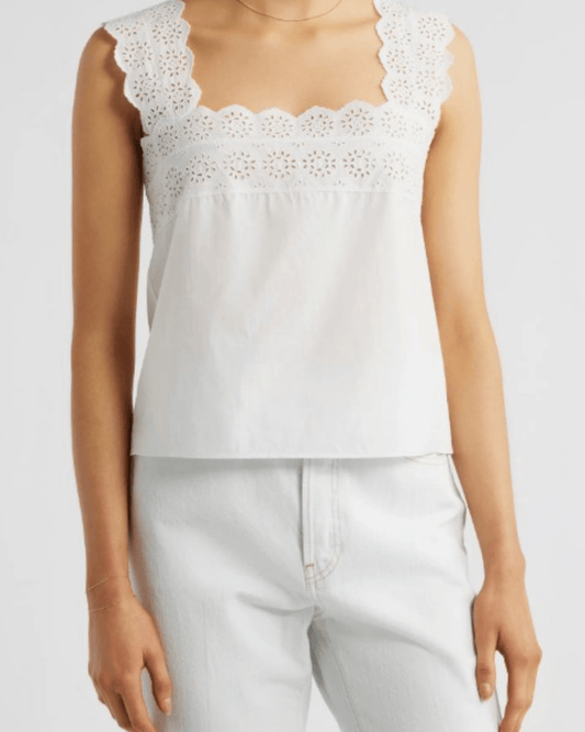 FRAME The Eyelet Tank in White, square neckline and scalloped hem, front view