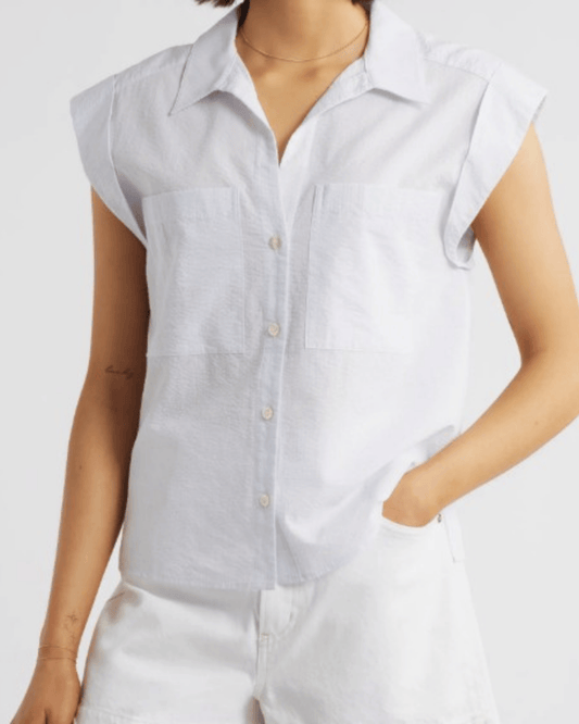 FRAME Leisure Seersucker Cap Sleeve Cotton Shirt in Light Chambray Multi, button-up front view