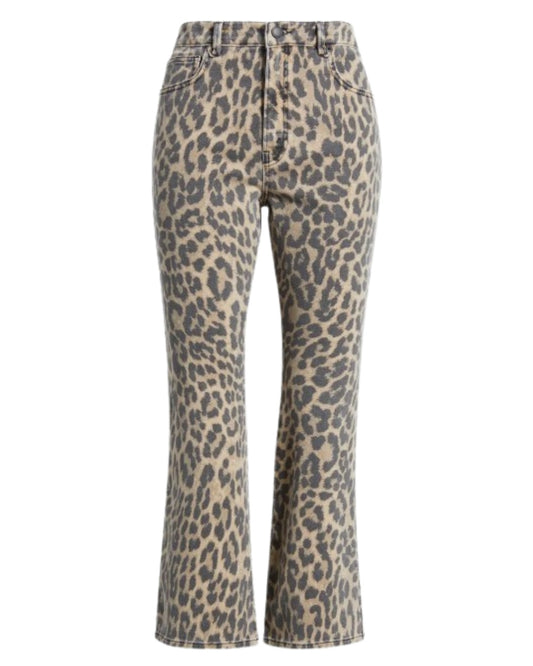 Good American Leopard Print Kick Flare Jeans in Lucky Leopard, front view