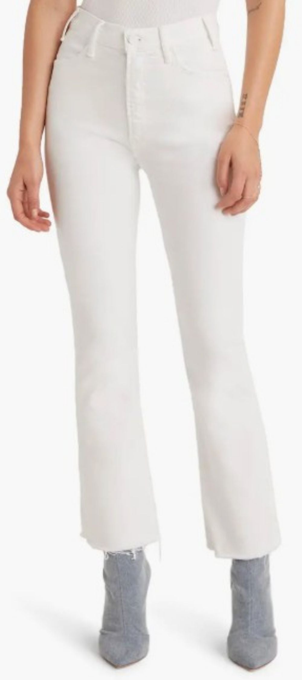 MOTHER The Hustler High Waist Fray Hem Ankle Bootcut Jeans in Fairest of Them All white wash, front view