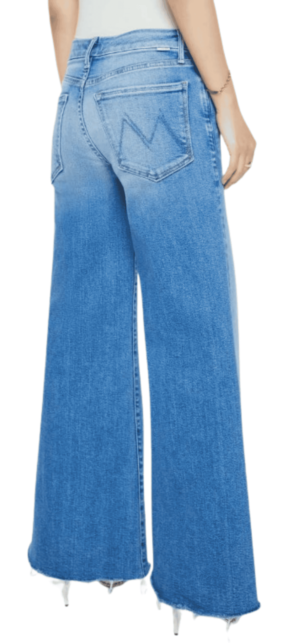 MOTHER Lil' Roller Frayed Wide Leg Jeans, back view showing pocket and frayed hem