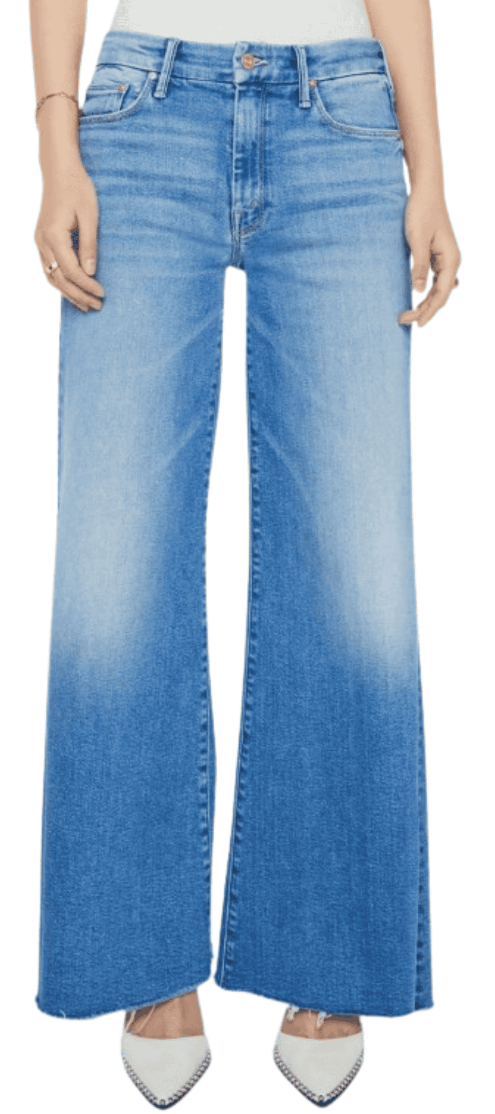 MOTHER Lil' Roller Frayed Wide Leg Jeans Petite in Fan Favorite wash, front view