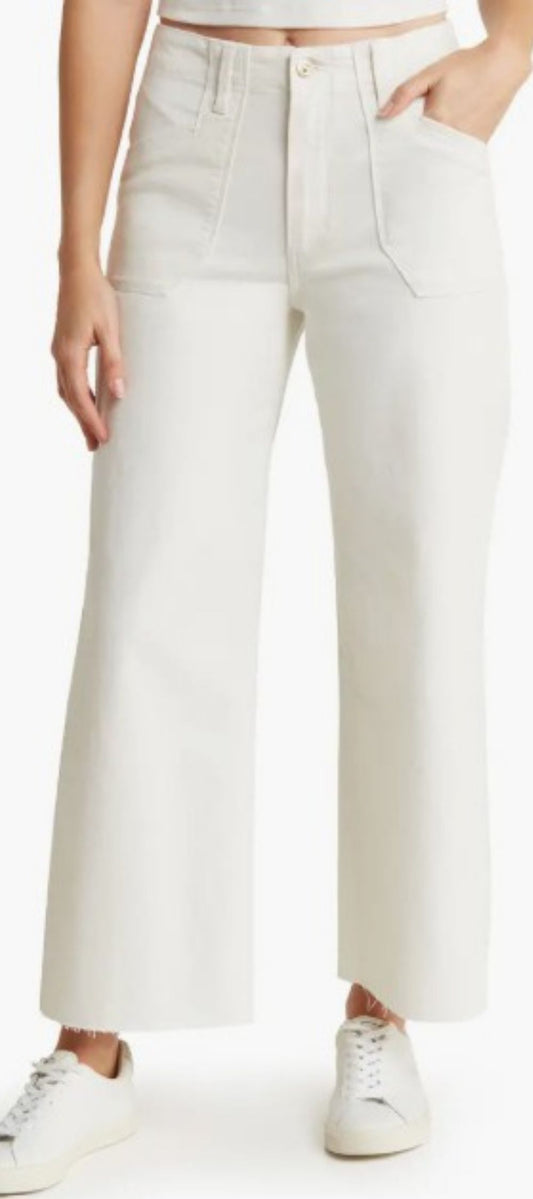 PAIGE Anessa Raw Hem High Waist Crop Wide Leg Utility Jeans in Tonal Ecru, front view