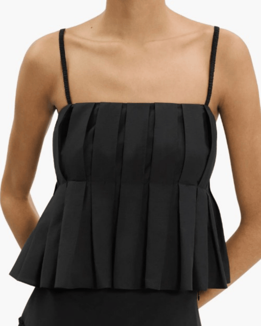 Theory Box Pleat Babydoll Camisole in Black, cropped fit with box pleats, front view