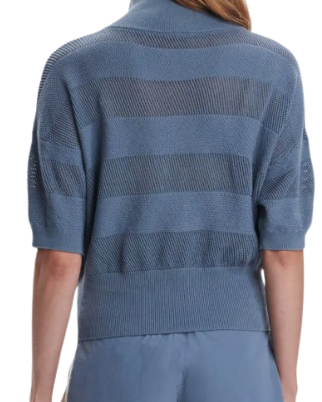 Varley Kembria Half Zip Top, back view with relaxed fit and mesh stripe detail