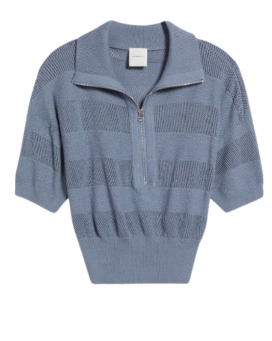 Varley Kembria Mesh Stripe Half Zip Top in Stone Blue, front view