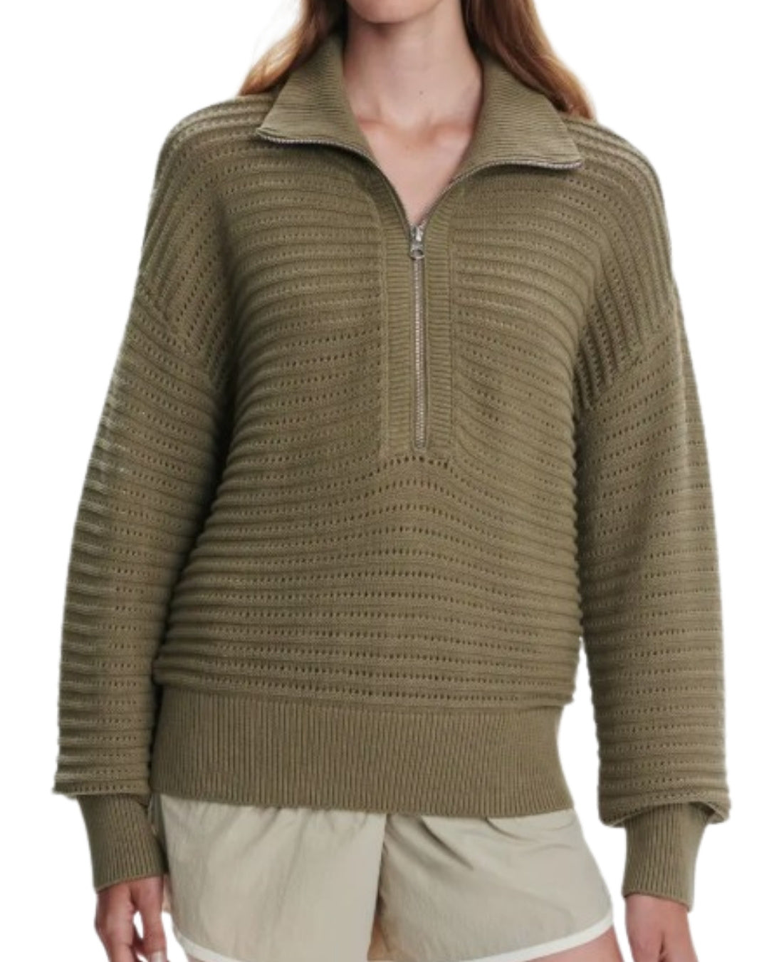 Varley Tara Pointelle Half Zip Sweater in Dusky Green, front view