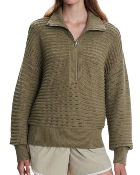 Varley Tara Pointelle Half Zip Sweater in Dusky Green, front view