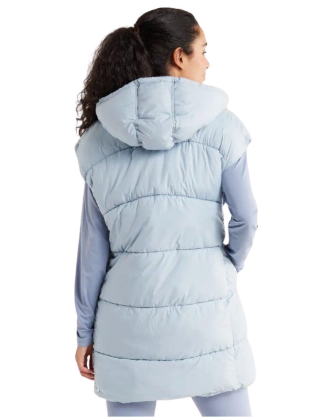 Zella Longline Puffer Vest, back view with attached hood and quilted panels