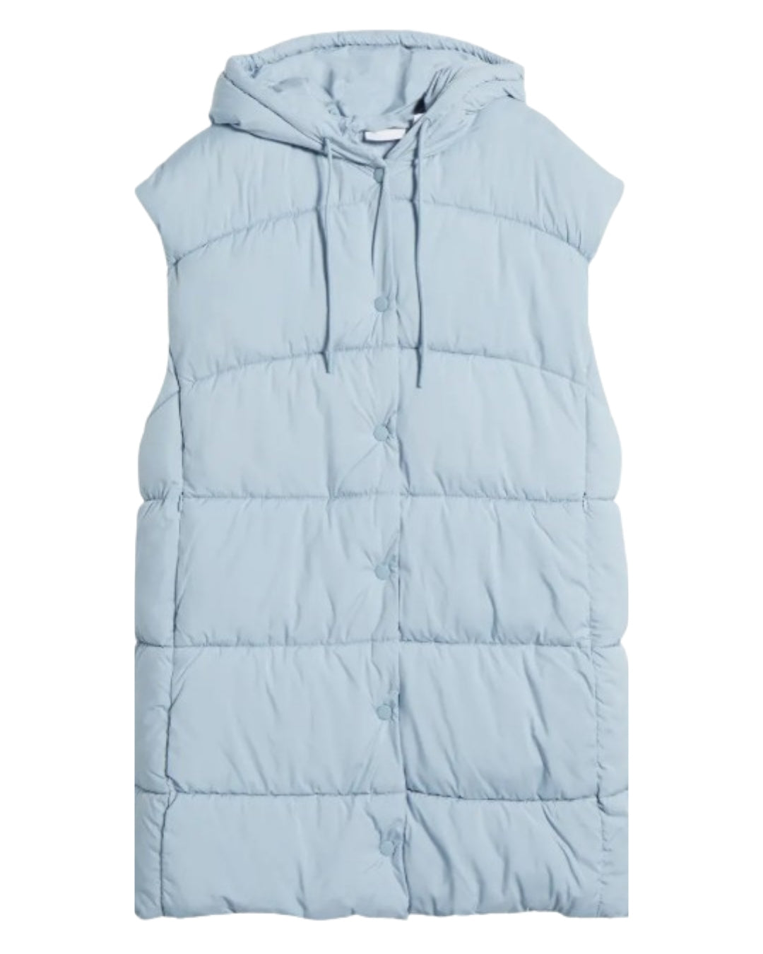 Zella Longline Hooded Puffer Vest in Blue Fog, front view