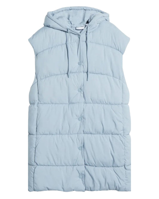 Zella Longline Hooded Puffer Vest in Blue Fog, front view